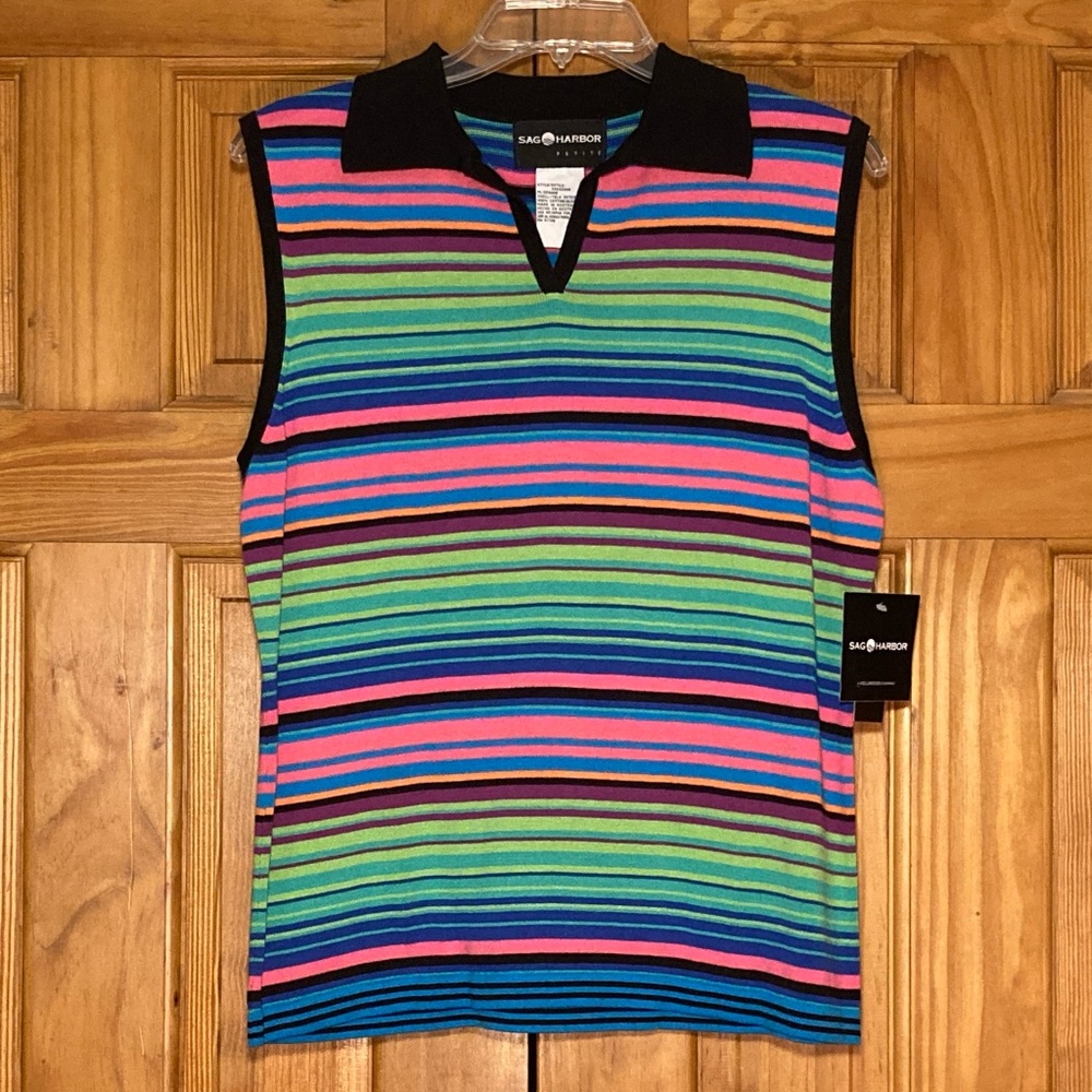 NWT Sag Harbor Petite Vintage 90s Sweater Sleeveless Green Black Pink Size PL